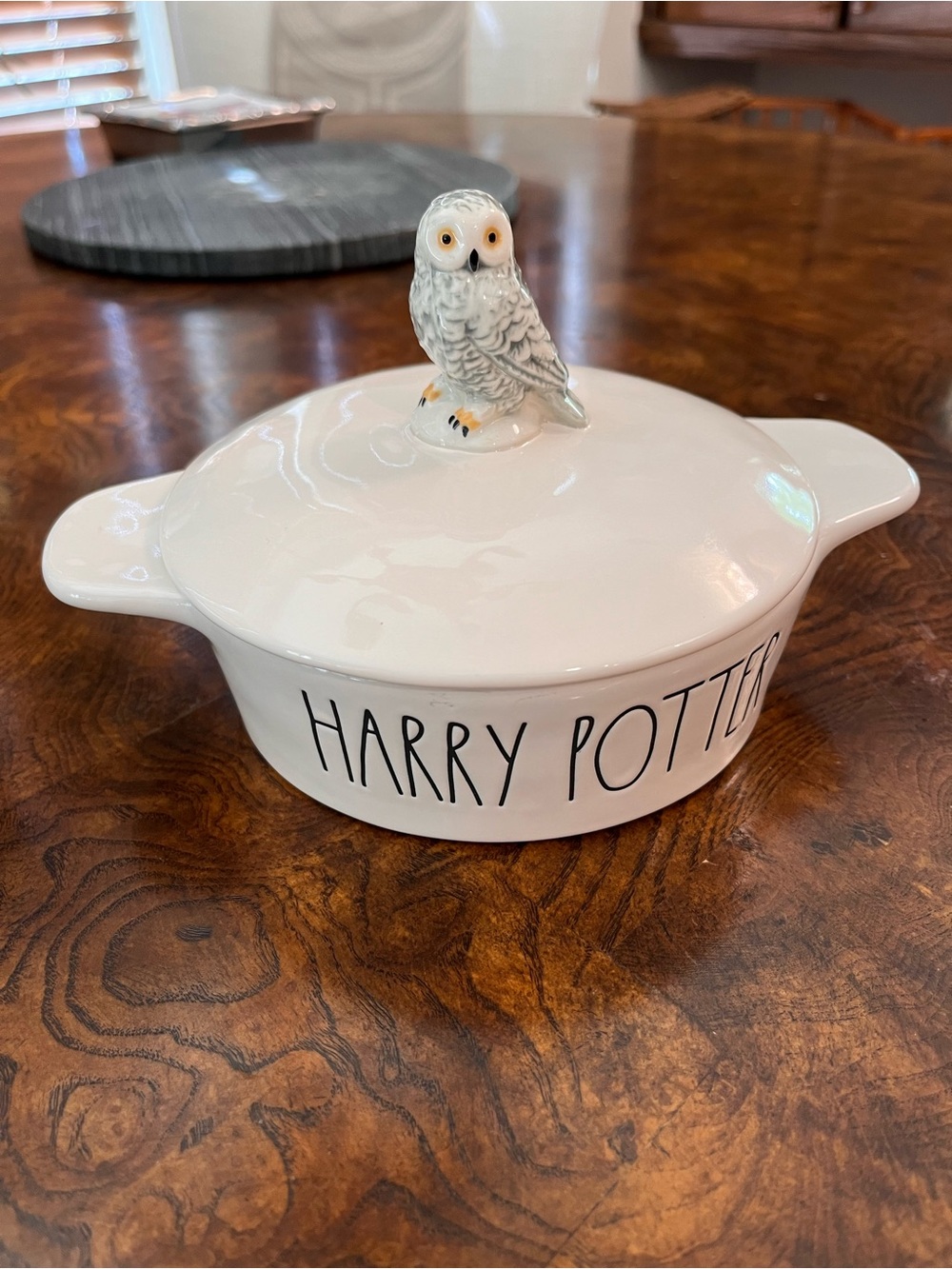 Collectable Rae Dunn/Harry Potter White Ceramic Covered Dish with Owl Knob